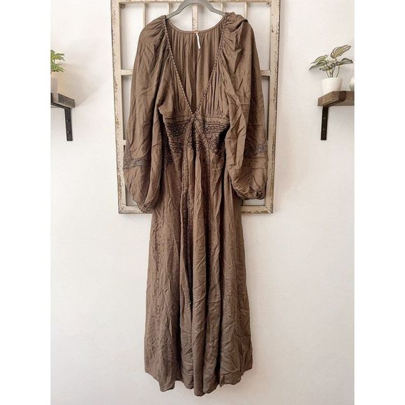 NWT Free People Brown Southwest Lace Maxi Dress, Long Sleeve V-Neck - Picture 3 of 6